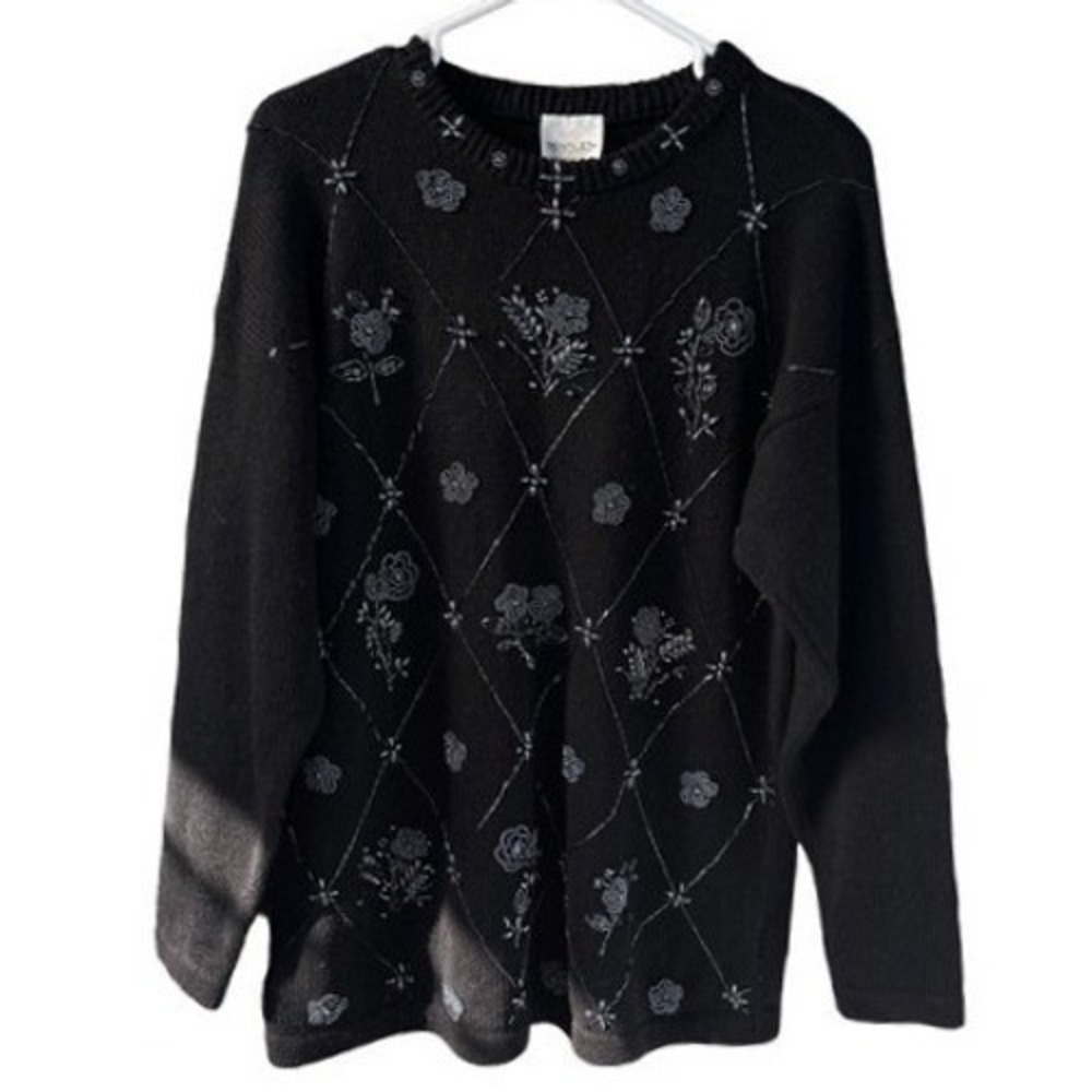 B4 TR Bentley Sweater Old Money M Black Ramie Cotton Beaded Floral Vintage 90s
